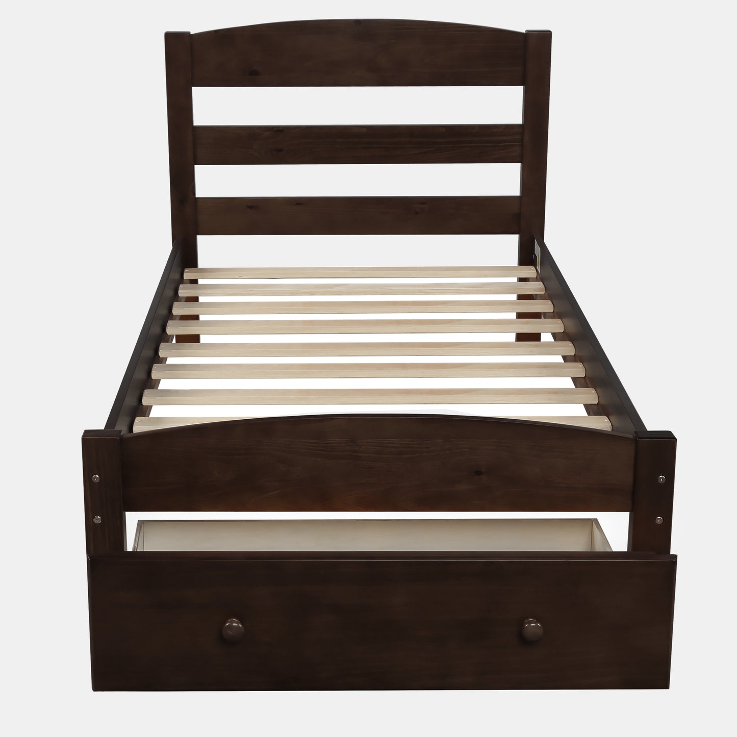 Platform Twin Bed Frame with Storage Drawer and Wood Slat Support No Box Spring Needed Espresso