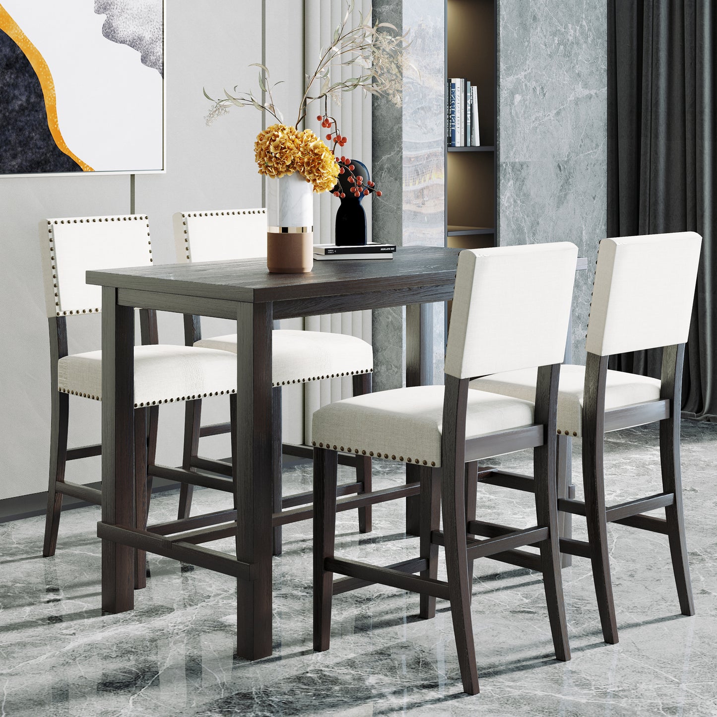 Juego de comedor de 5 piezas de altura de mostrador TREXM, mesa elegante clásica y 4 sillas en espresso y beige