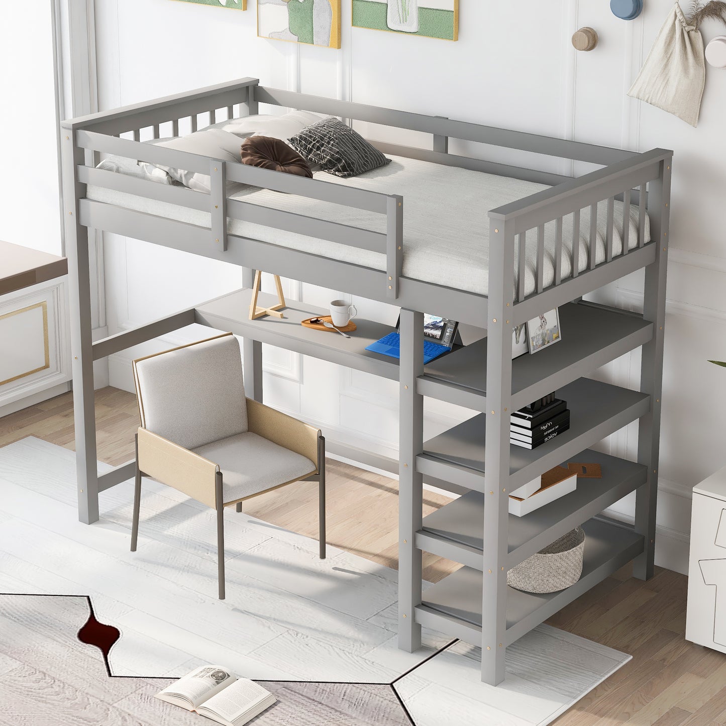 Twin Size Loft Bed with Storage Shelves and Under-bed Desk Gray