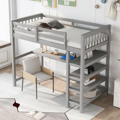 Twin Size Loft Bed with Storage Shelves and Under-bed Desk Gray