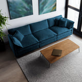 Mid-Century Modern 3-Seater Sofa with 2 Armrest Pillows and 3 Toss Pillows, Blue Chenille Fabric for Living Rooms