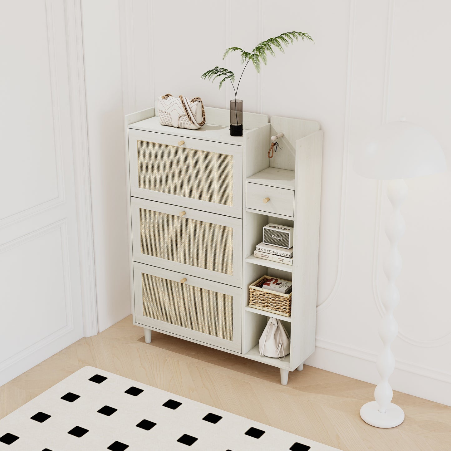 Natural Bohemian style shoe cabinet with 3 rattan flip drawers, 3 square shelves, and 1 storage drawer, white