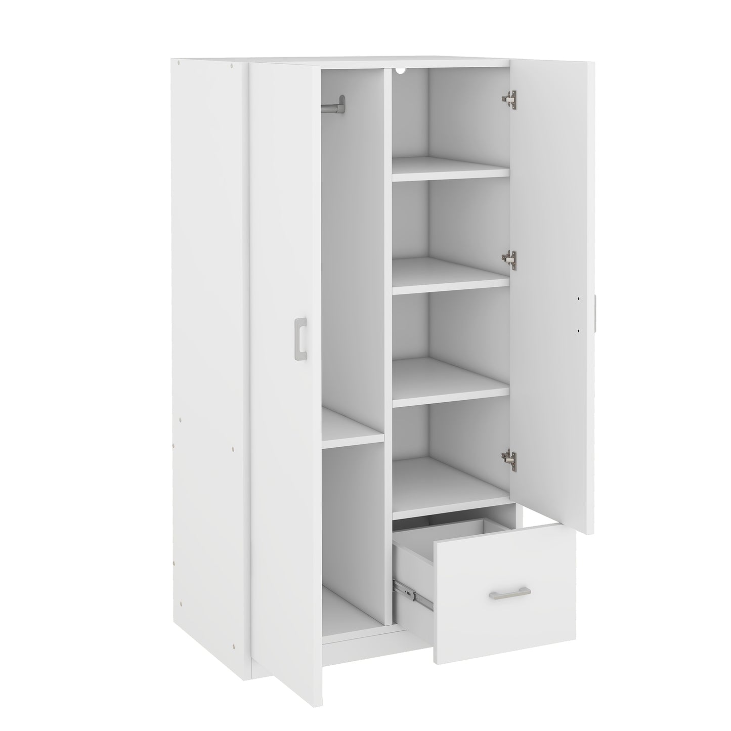 Wooden Wardrobe with Double Doors, Armoire with Hanging Rod, 5 Fixed Shelves, and 1 Drawer, White