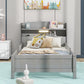 Wood Twin Size Platform Bed with Built-in LED Light  Storage Headboard and Guardrail Antique Grey