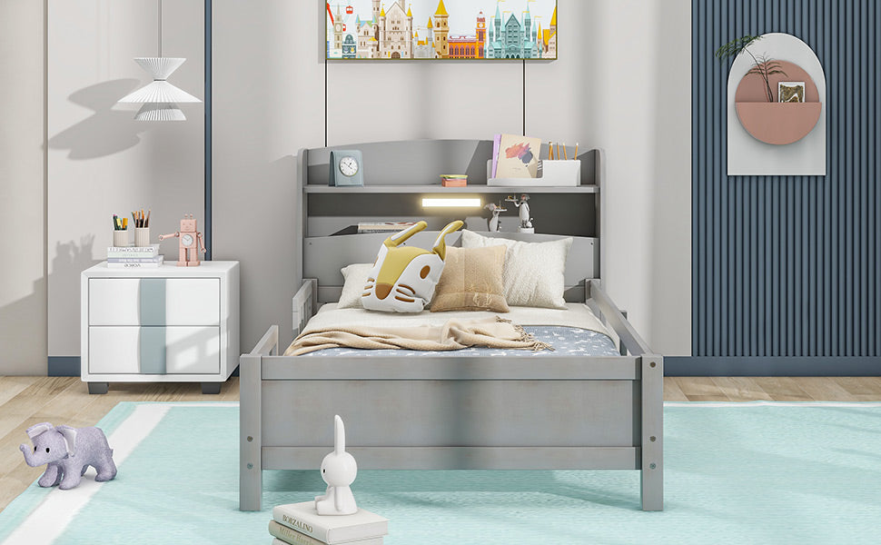 Wood Twin Size Platform Bed with Built-in LED Light  Storage Headboard and Guardrail Antique Grey