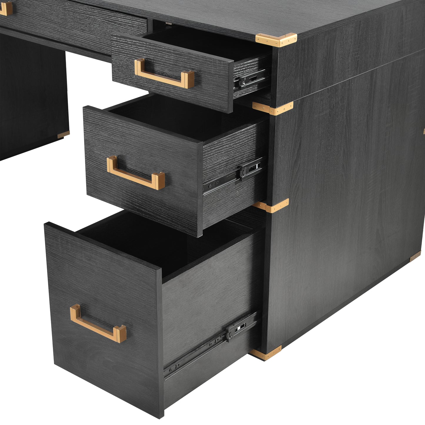 70-Inch Classic Executive Desk with Metal Trim, 2 File Drawers, USB Ports, and Sockets, Black Finish