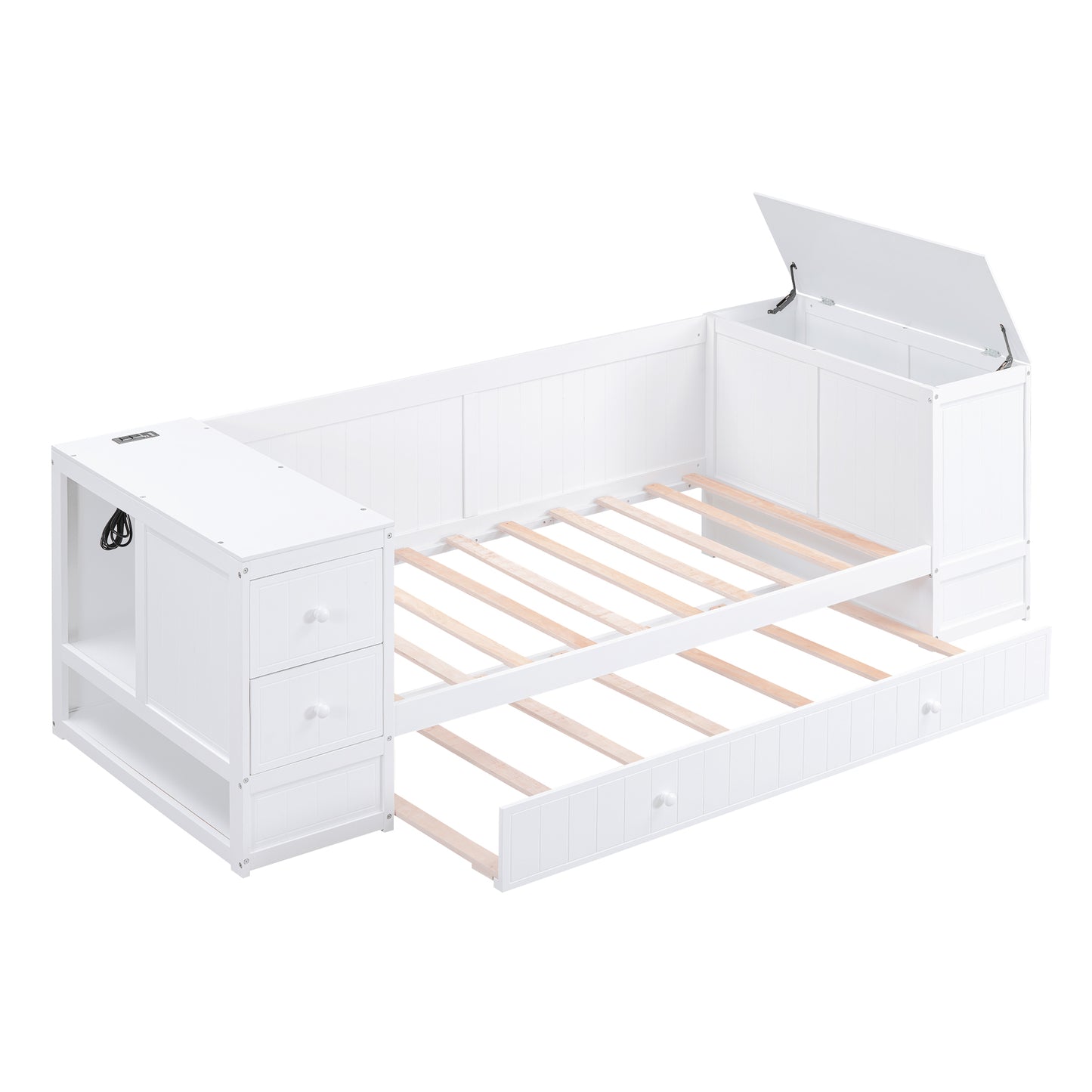 Twin Size Daybed with Storage Arms  Trundle and Charging Station White