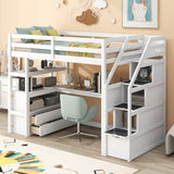 Twin Size Loft Bed with Desk and Shelves  Two Built-in Drawers  Storage Staircase White