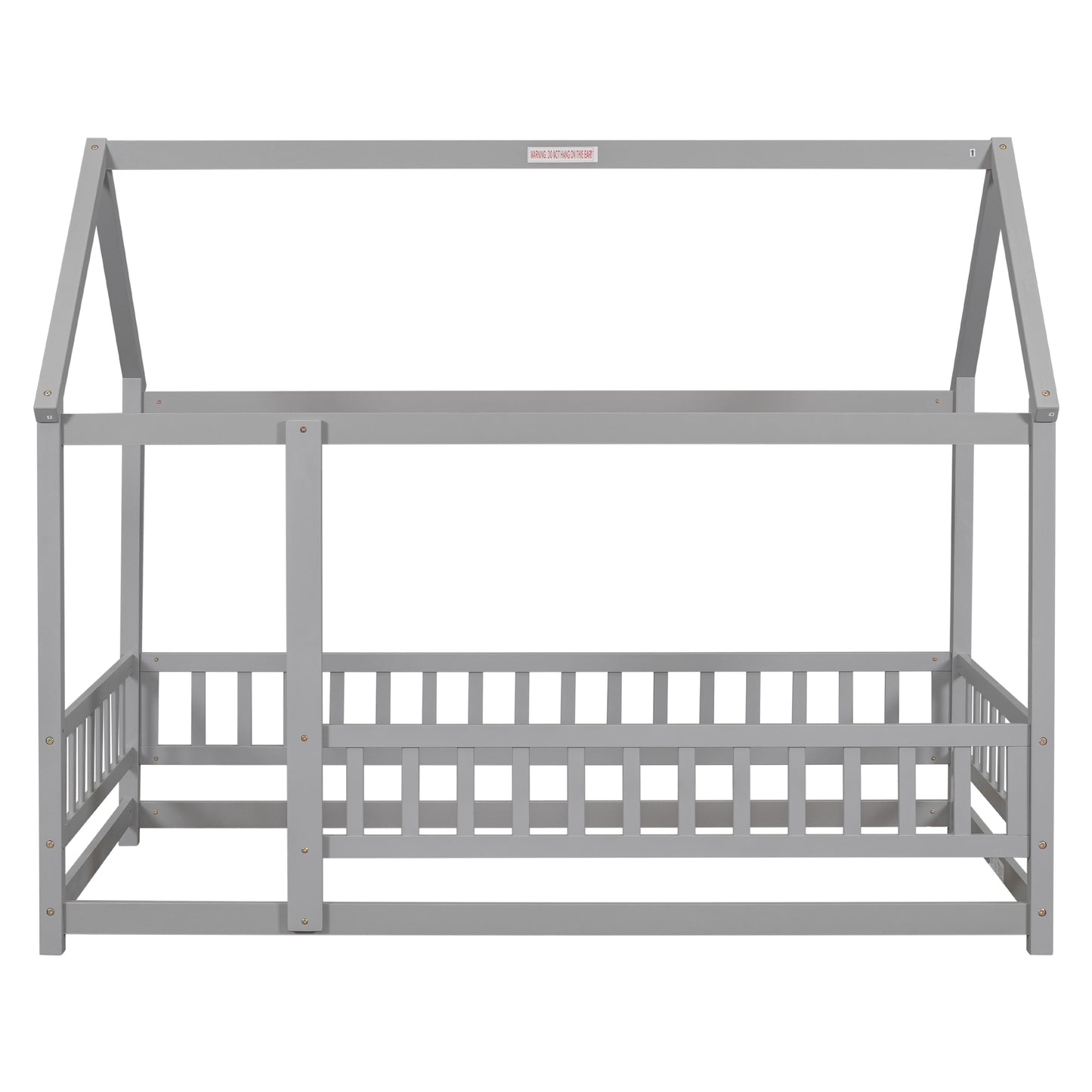 Twin Size Floor Wooden Bed with House Roof Frame, Fence Guardrails,Grey