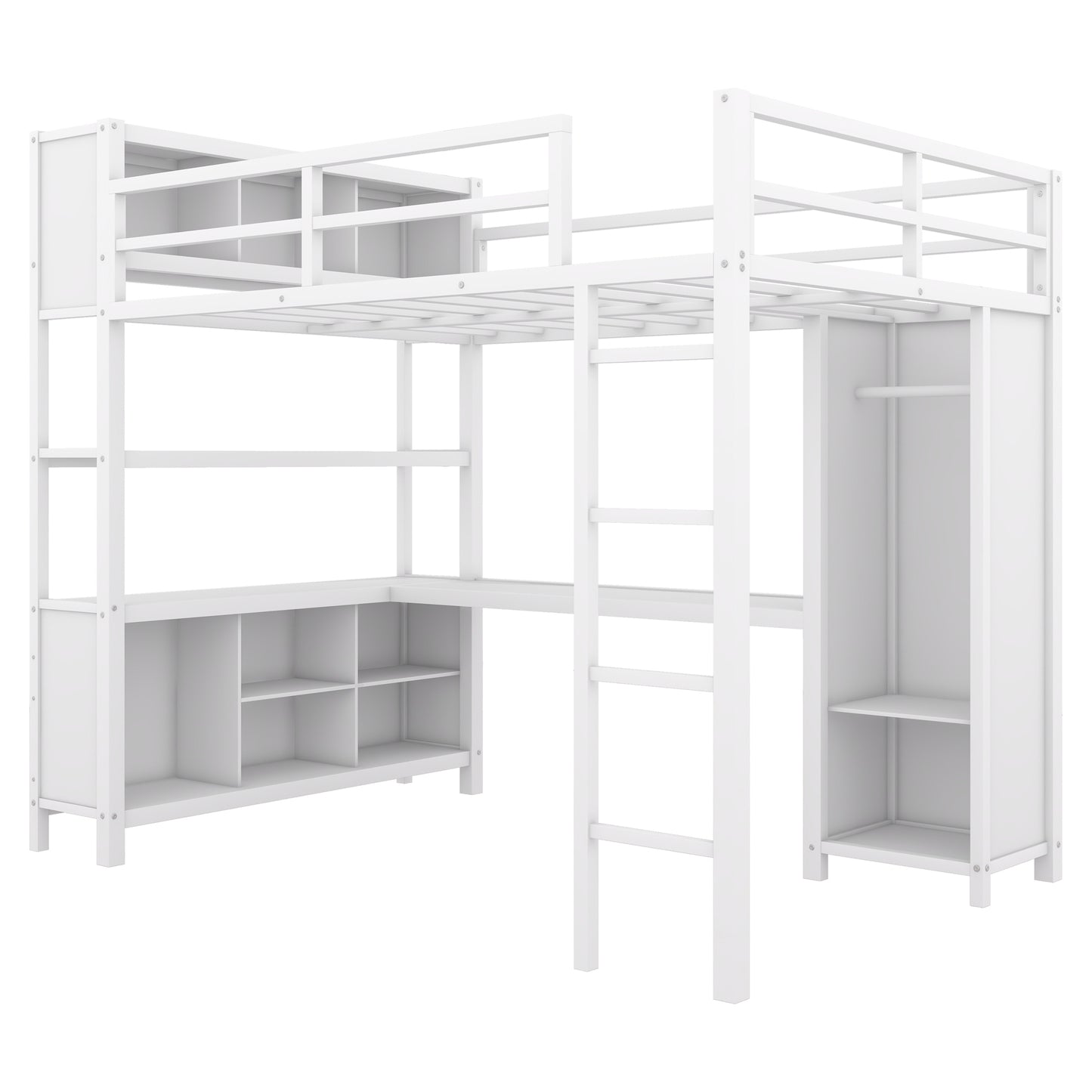 Metal loft bed with wardrobe and L-shaped desk, full-size loft bed with storage cabinet and shelf, white