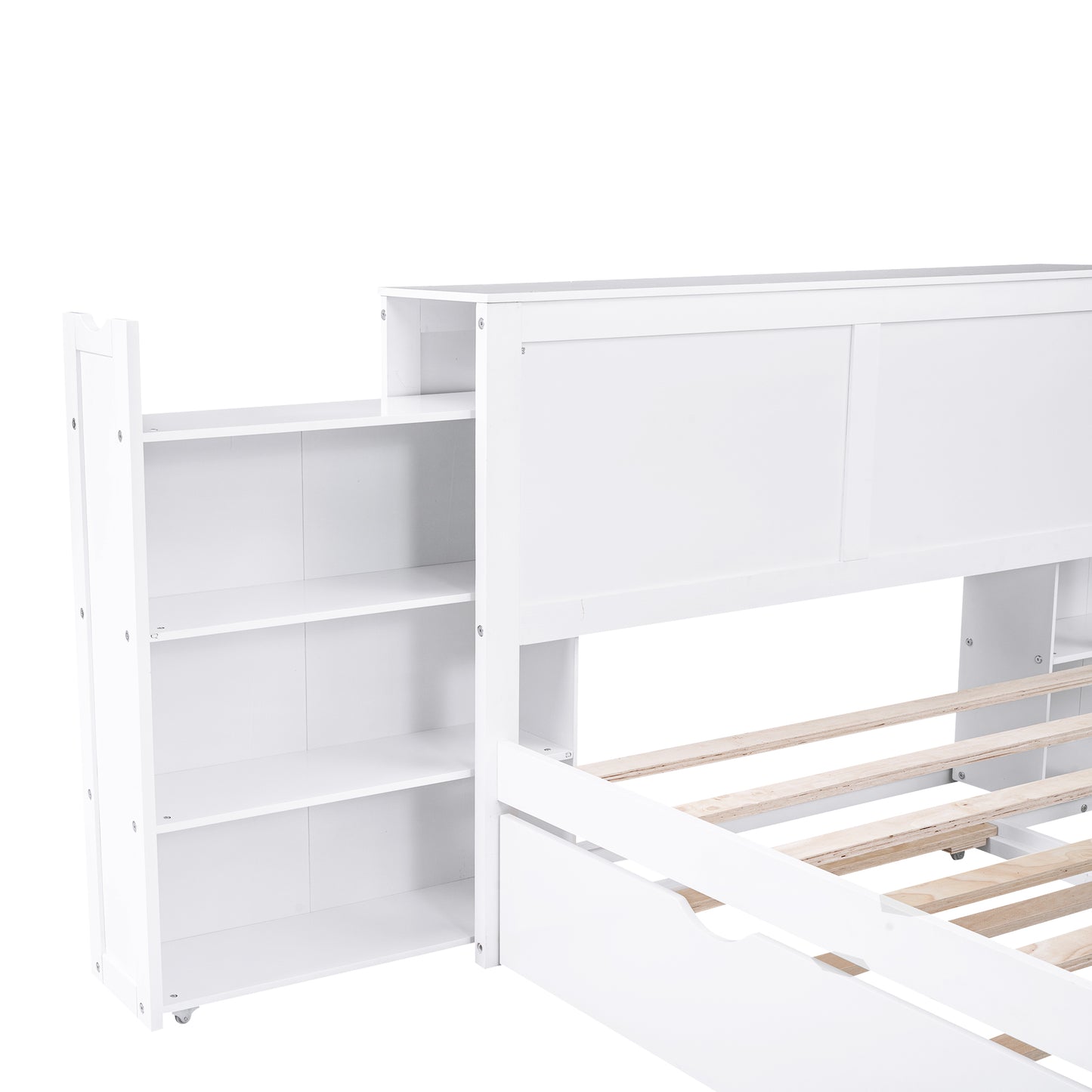 Full Size Storage Platform Bed with Pull Out Shelves and Twin Size Trundle, White