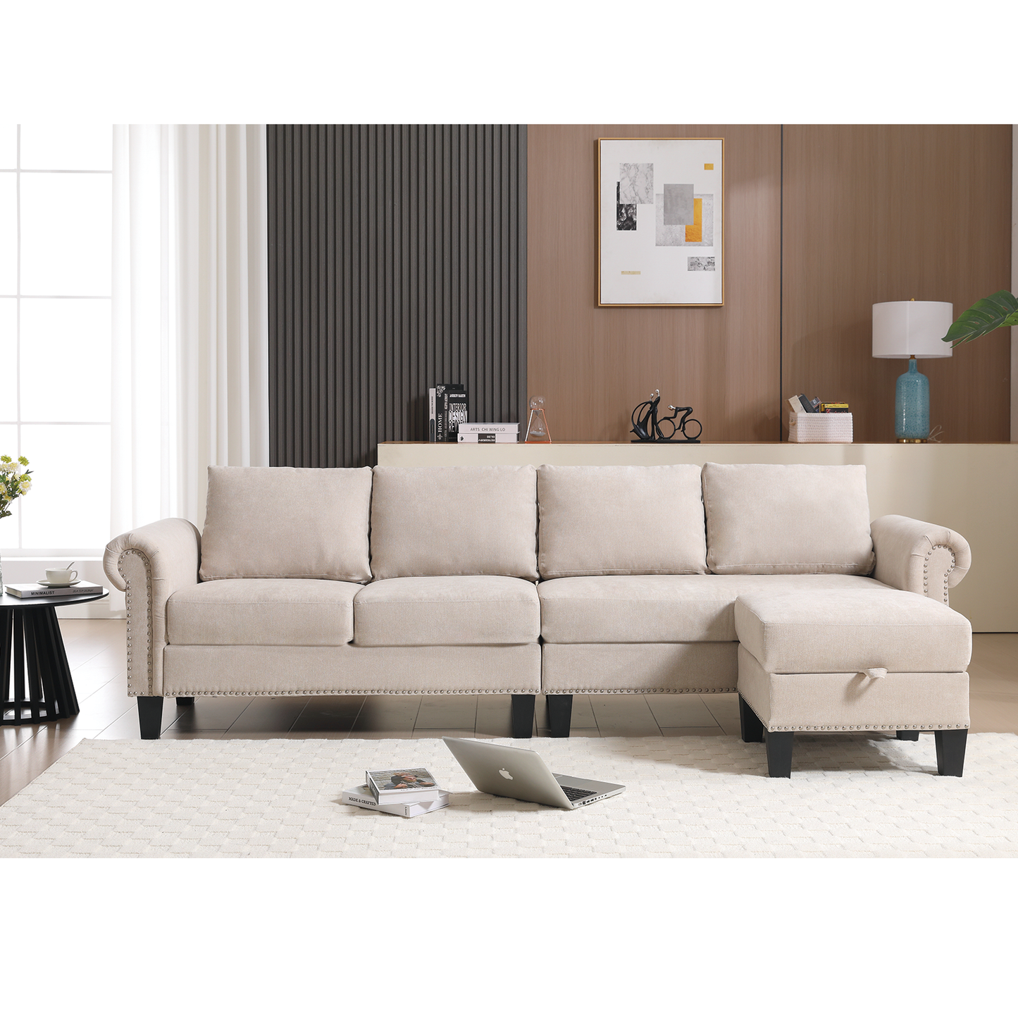 Convertible Sectional Sofa with Storage, L-Shaped Four-Seater Design in Modern Linen Fabric, Beige