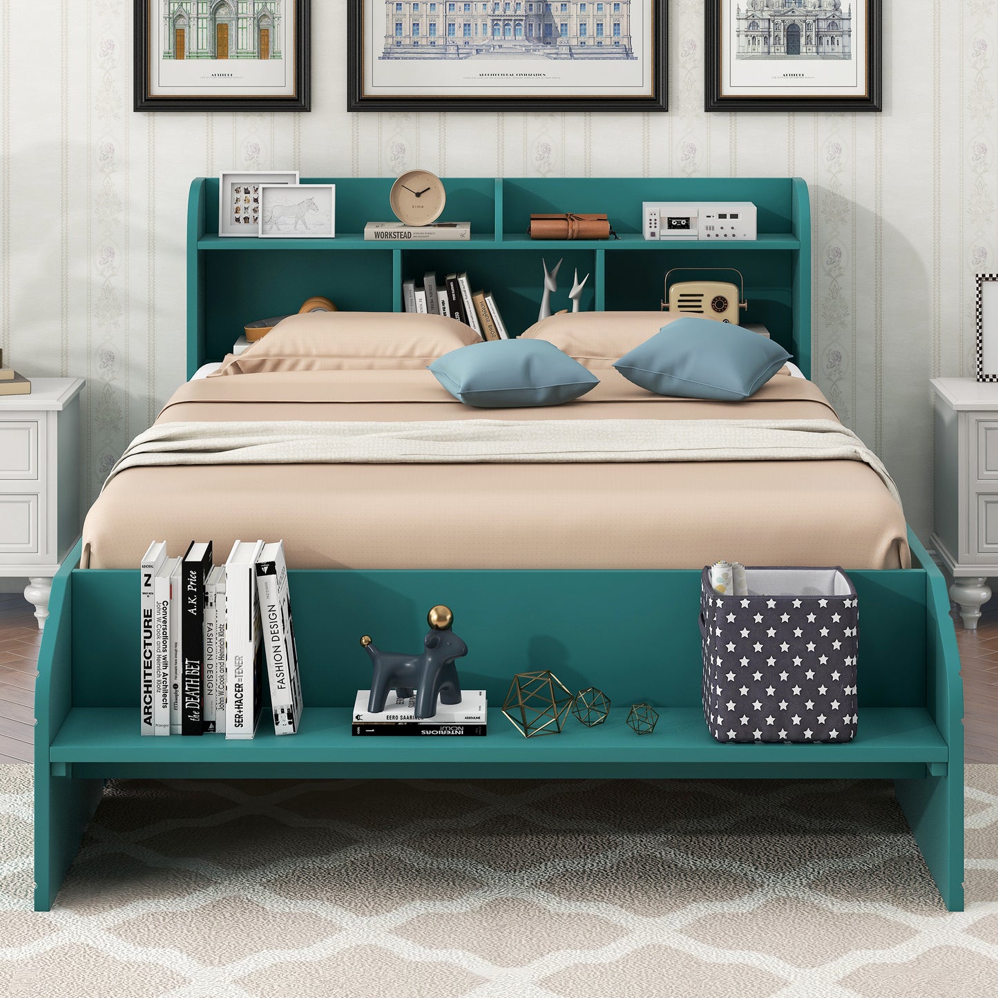 Wood Full Size Platform Bed with 2 Drawers, Storage Headboard and Footboard, Dark Green