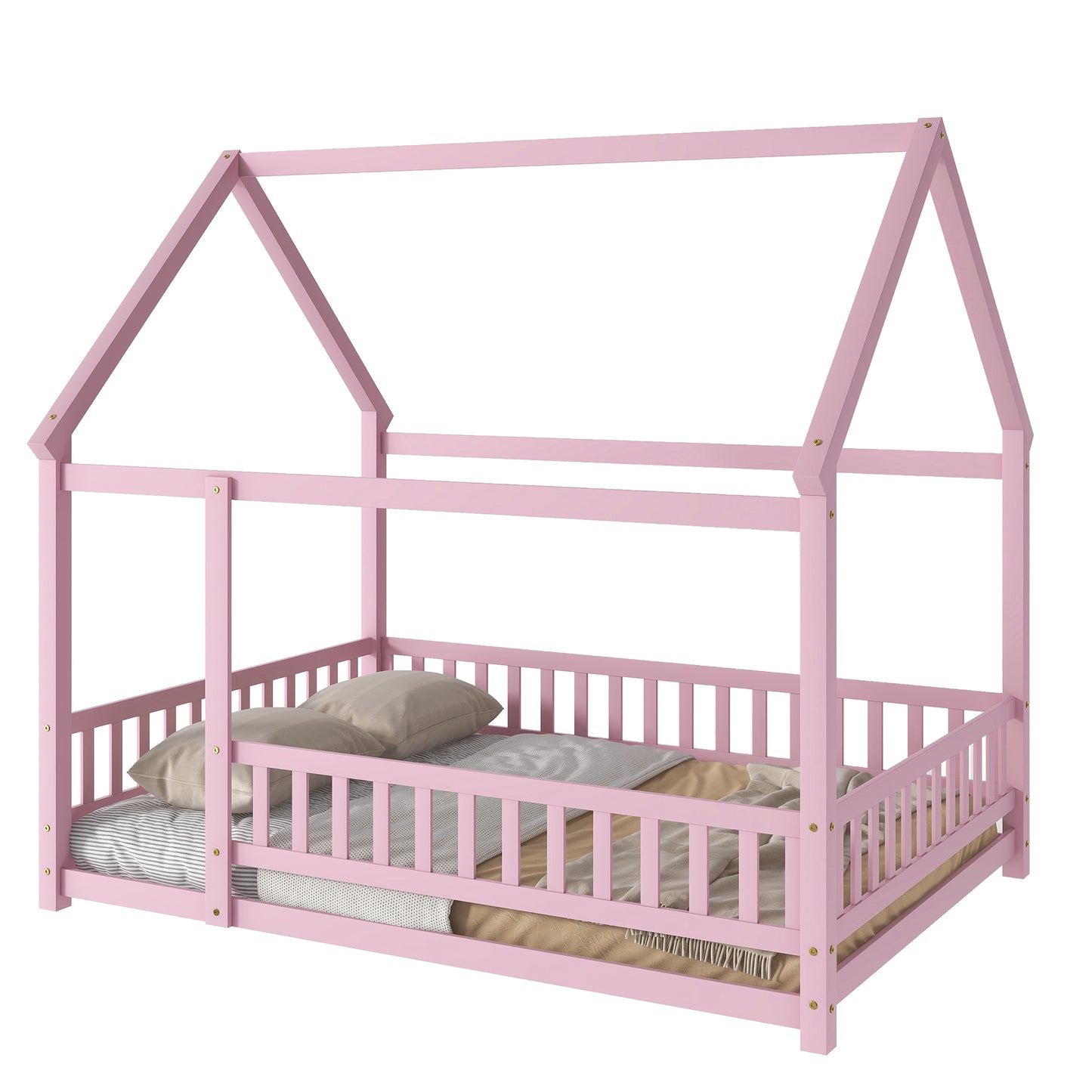 Full Size Floor Wooden Bed with House Roof Frame, Fence Guardrails ,Pink