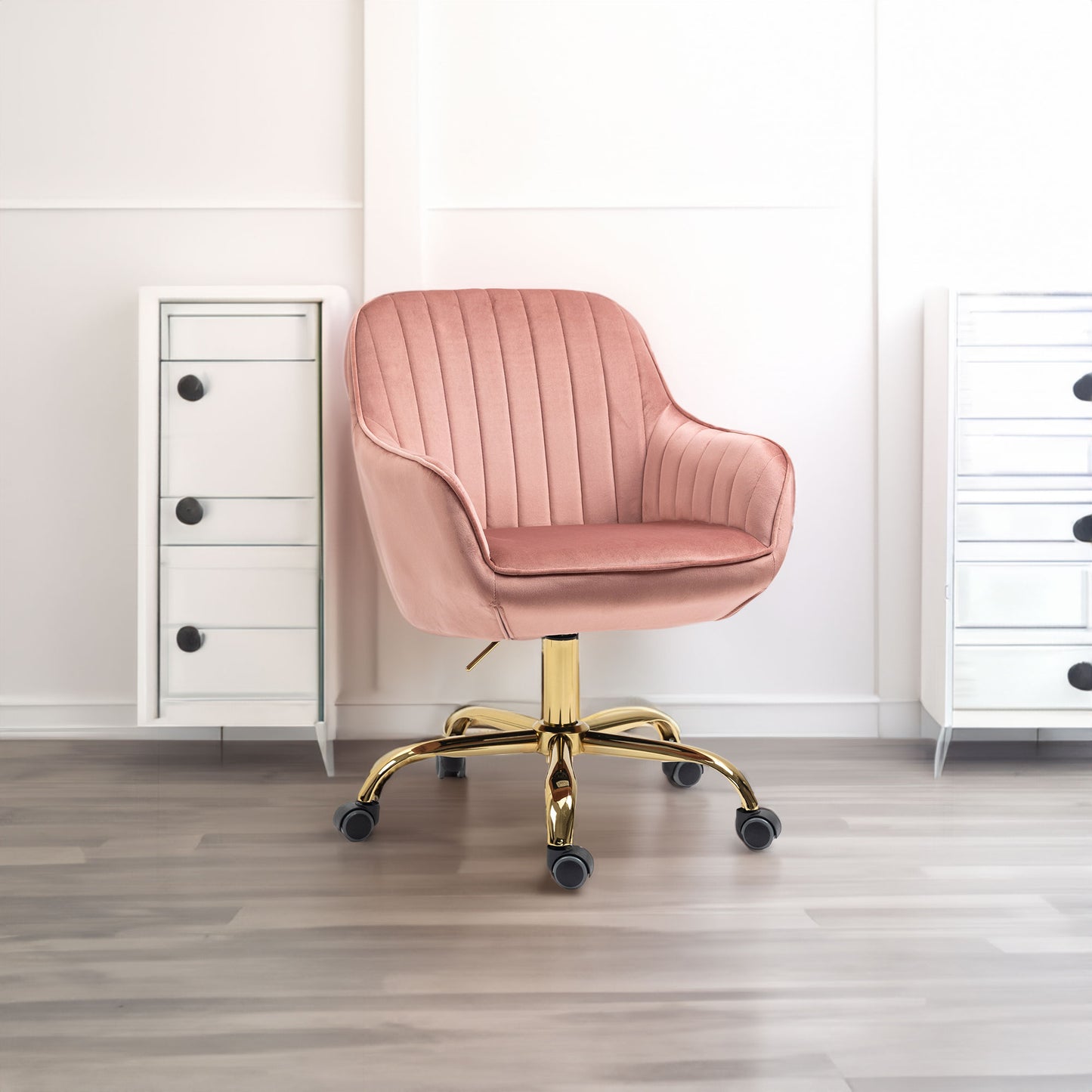 360° Pink Velvet Swivel Chair With High Back Adjustable Working Chair With Golden Color Base