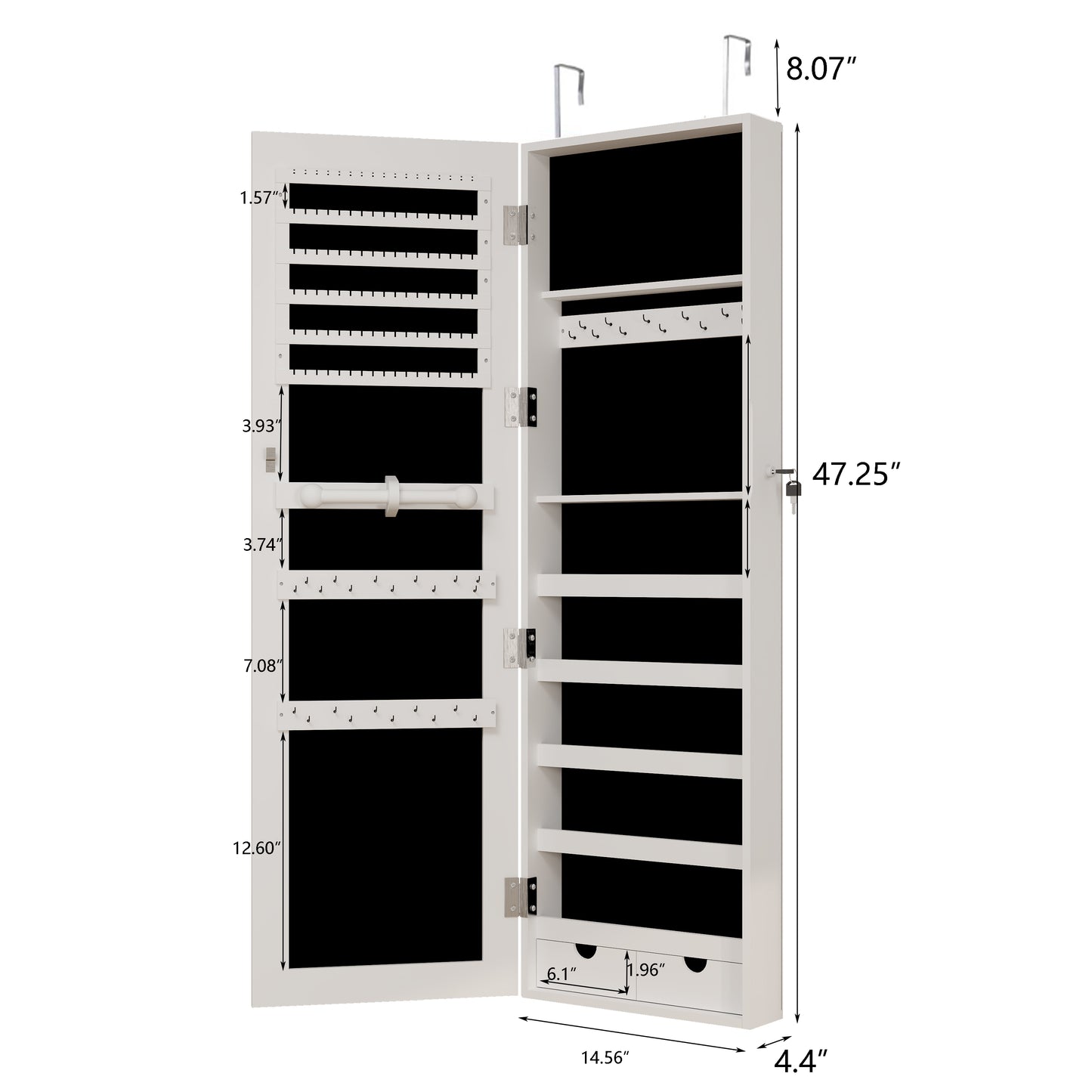 Mirror jewelry cabinet, 47.2-inch large capacity lockable jewelry organizer, wall mounted mirror, with white jewelry storage