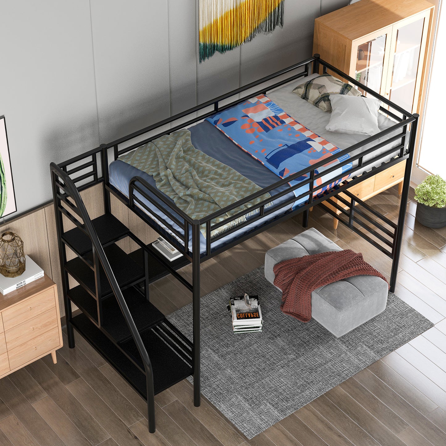 Metal Loft Bed Frame with Desk  No Box Spring Needed Twin Black