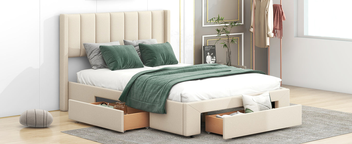 Full Size Upholstered Platform Bed with One Large Drawer in Footboard and Drawers on Each Side, Beige