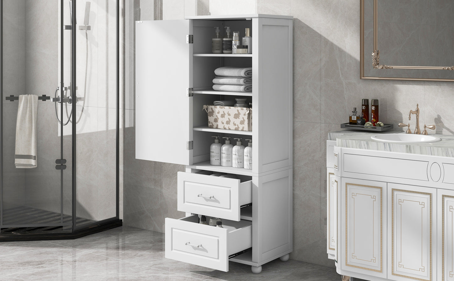 Tall Bathroom Storage Cabinet with 2 Drawers and Adjustable Shelf, White MDF Board Design