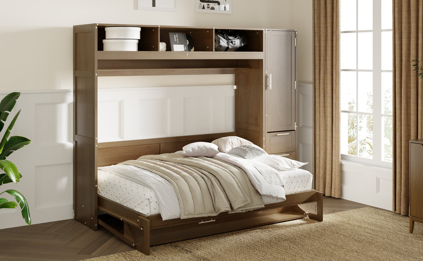 Full Size Murphy Bed with Wardrobe, Drawers, and Open Shelves, Antique Grey Finish for Functional Bedrooms