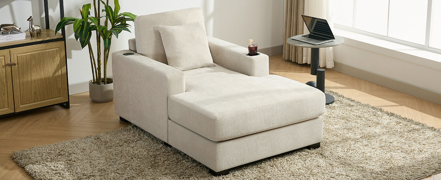 39.7" Oversized Chaise Lounger with Pillows, Charge Station, and Cup Holders, Chenille Fabric in Cream