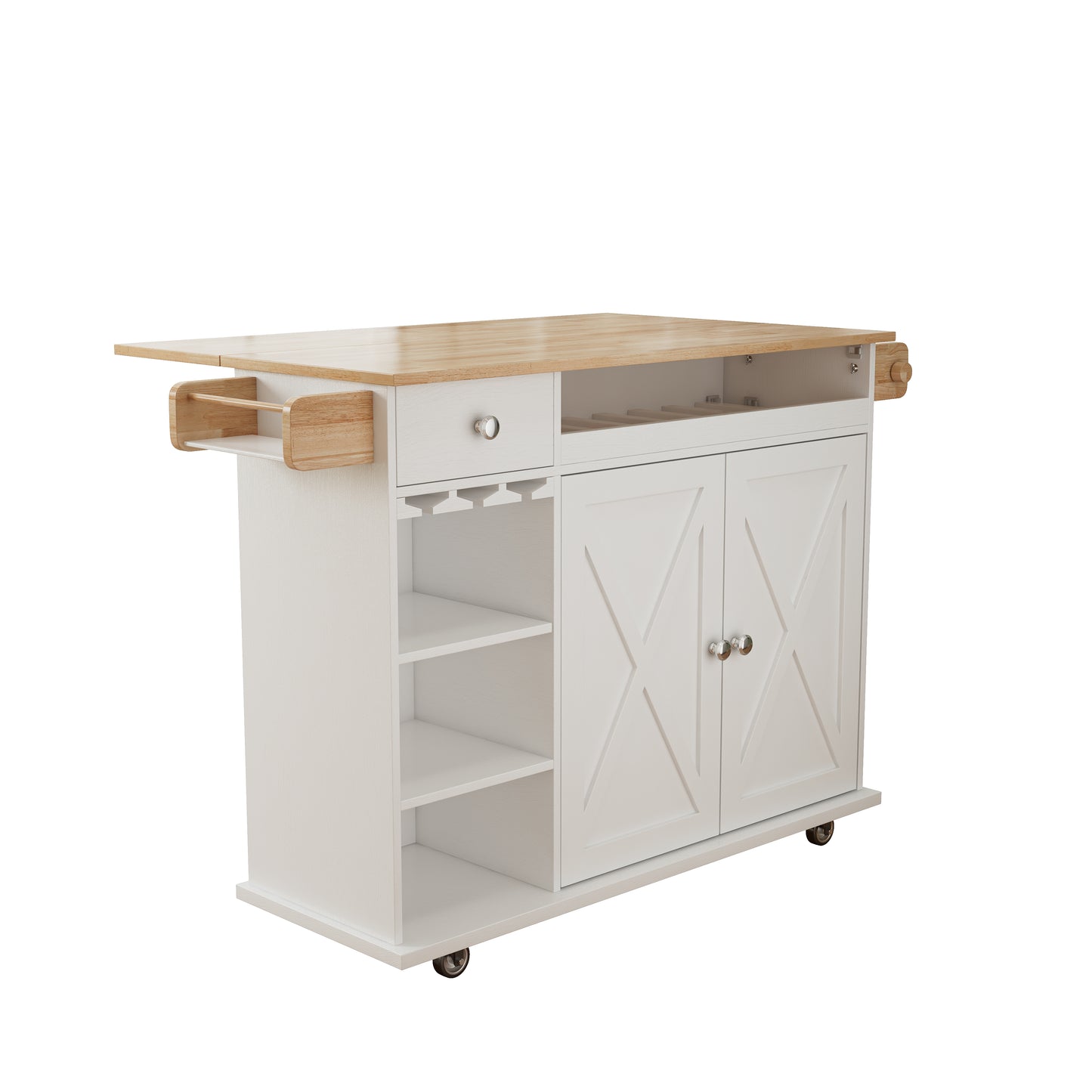 44 Inch Kitchen Island Cart with Solid Wood Top, Wine Storage, Spice Rack, Towel Rack, Wine Glass Holder White & Oak