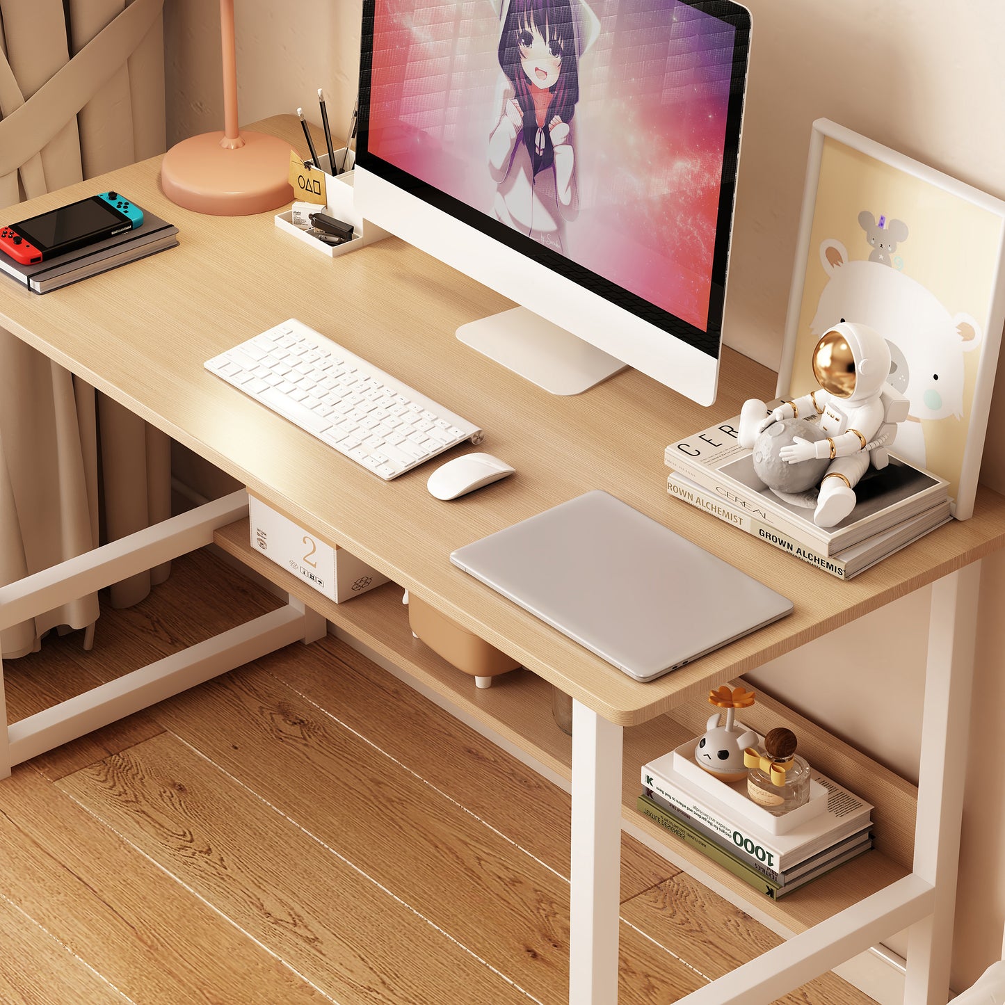 Computer Desk with Storage Rack, Simple Wooden Design for Bedrooms and Student Home Offices