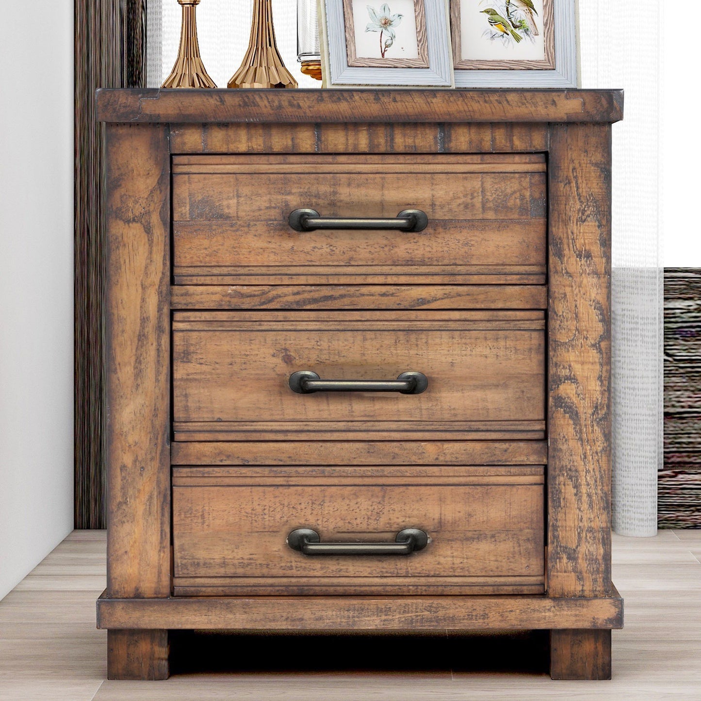 Rustic Three-Drawer Reclaimed Solid Wood Nightstand, Farmhouse Style for Bedrooms