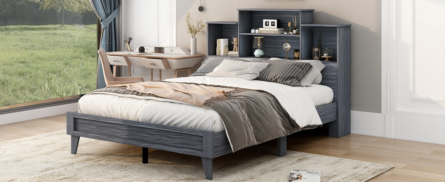 Queen Size Storage Platform Bed Frame with 4 Open Storage Shelves and USB Charging Design Gray