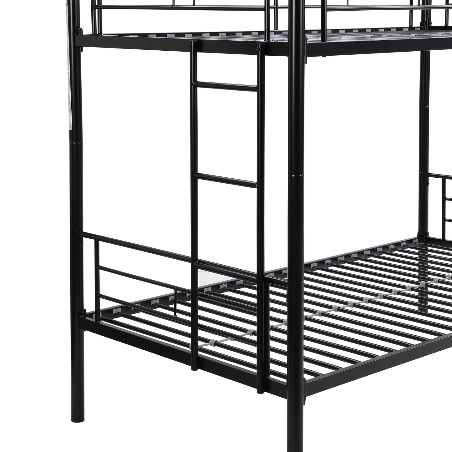 Cama de dos pisos con cama superior tamaño twin, 2 escaleras y barandilla de longitud completa, acabado negro