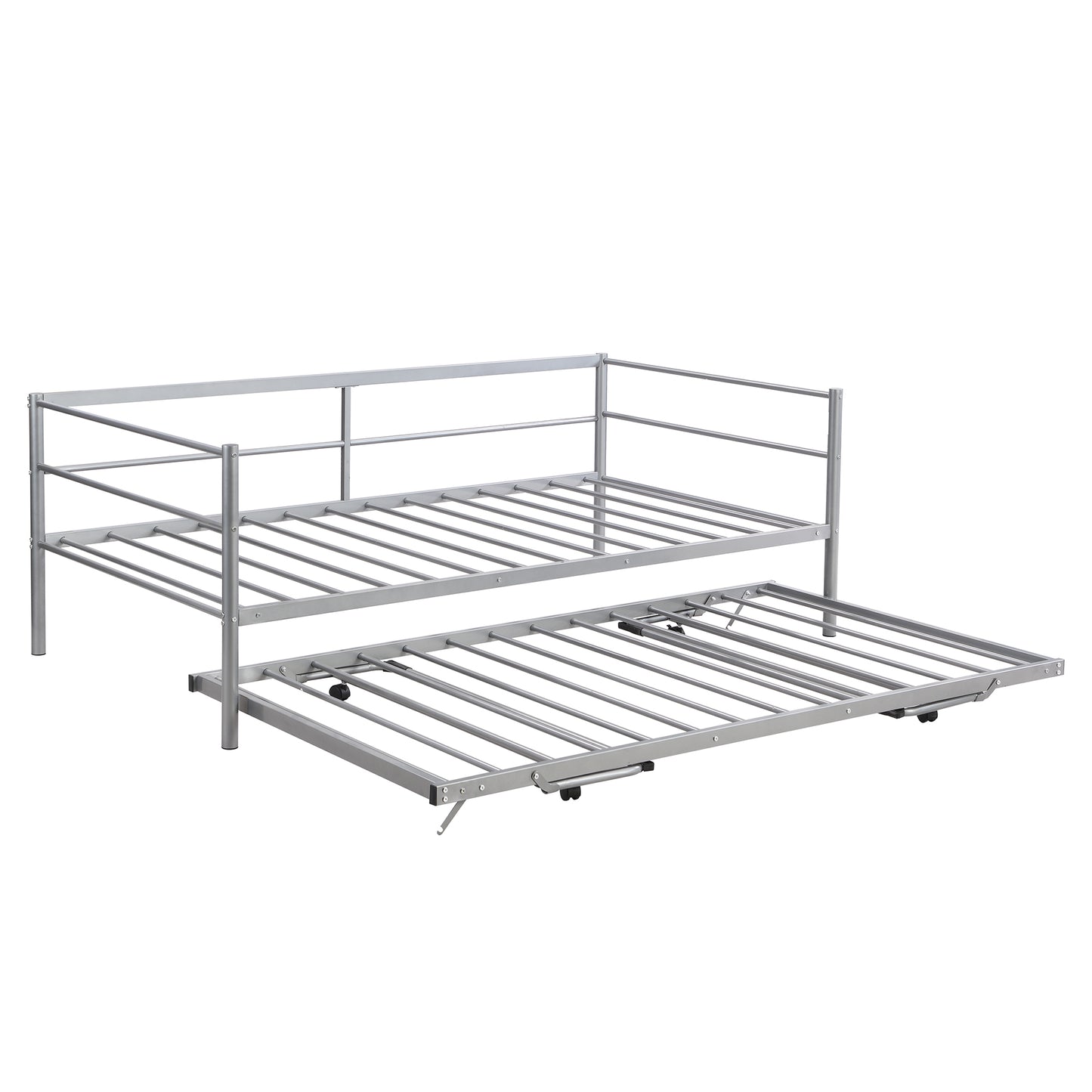 Twin Size Metal Daybed with Adjustable Trundle  Pop Up Trundle  Silver