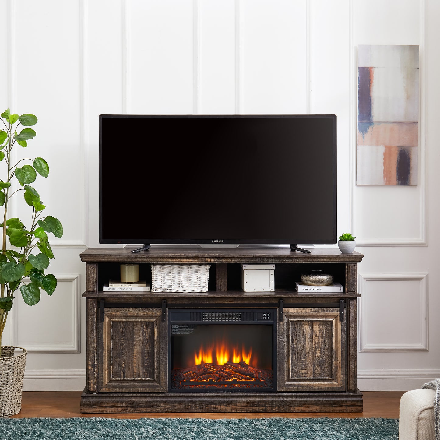 Entertainment Console with Multifunctional Sliding Doors and 23-Inch Fireplace, Antique Brown Finish