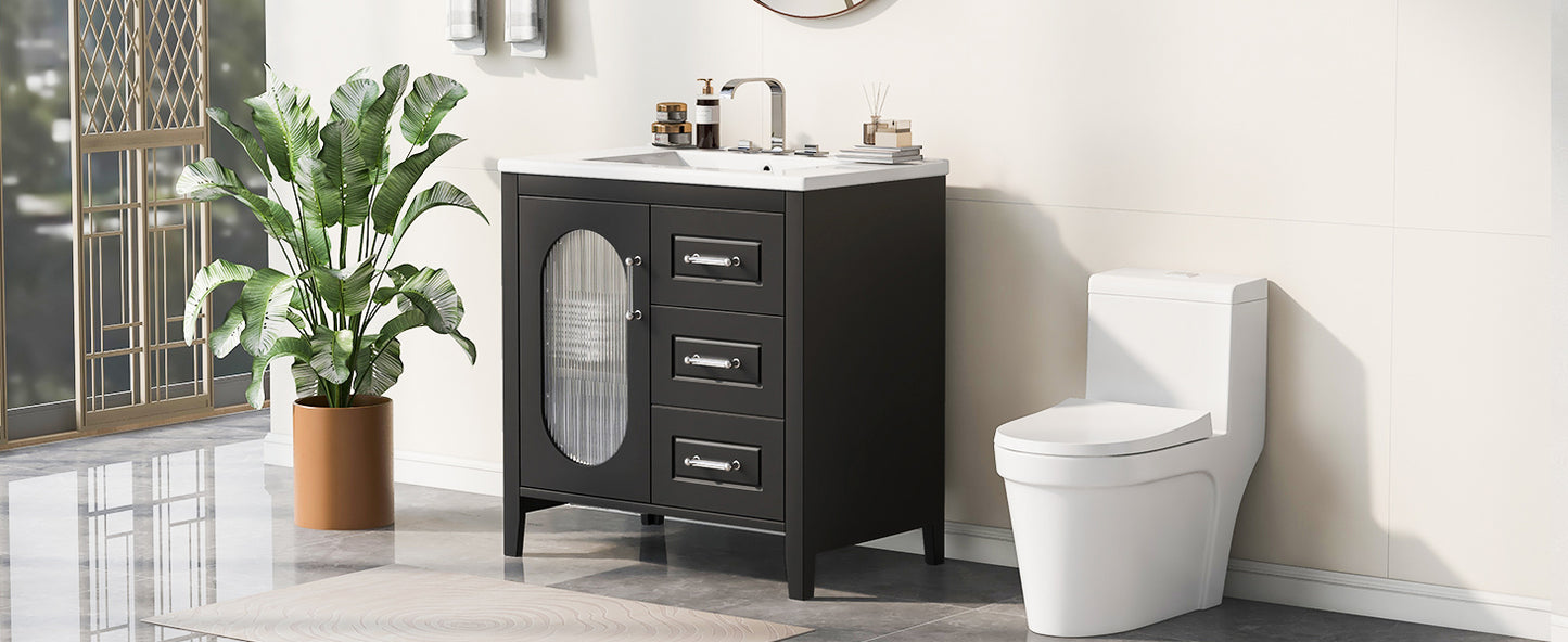 Bathroom Vanity with Sink, Bathroom Vanity Cabinet with Two Drawers and Door, Adjustable Shelf, Solid Wood and MDF, Black