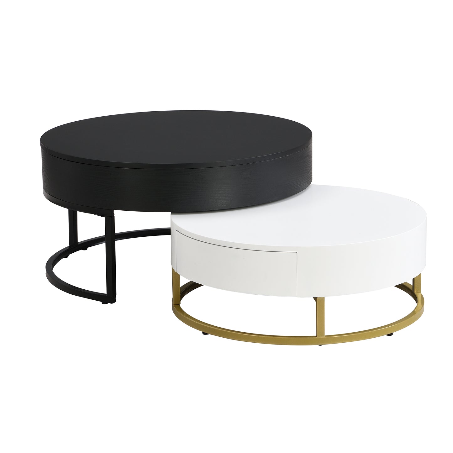 Modern Round Lift-Top Nesting Coffee Tables with 2 Drawers, White and Black Finish