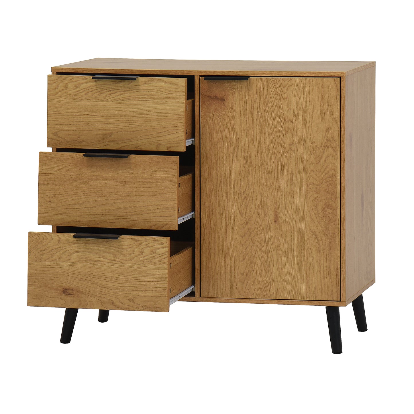 Storage cabinet with 3 drawers and adjustable shelves, medieval cabinet with doors in natural wood color