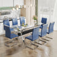 Modern Tempered Glass Dining Table, Large Office Desk with Silver Plated Metal Legs and MDF Crossbars