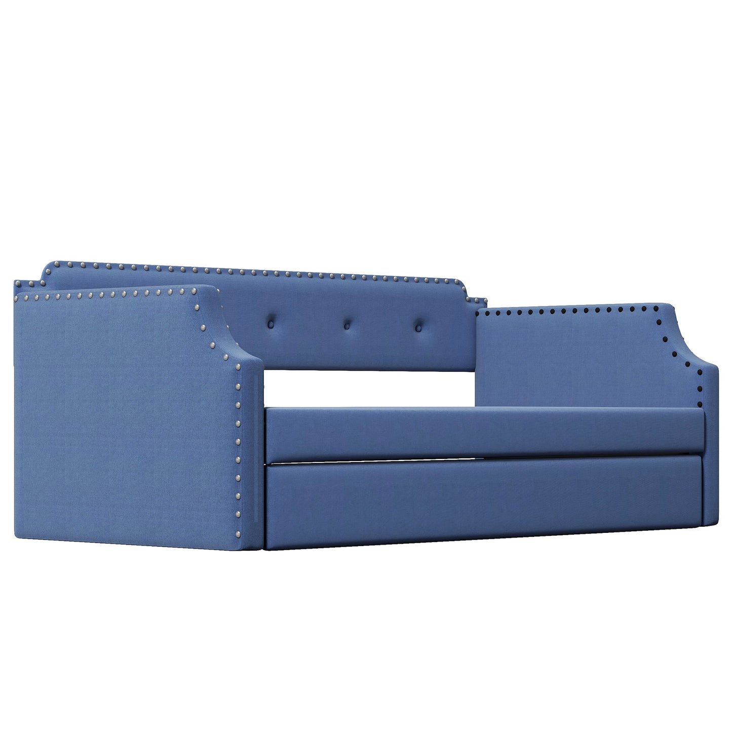 Upholstered Daybed with Trundle, Wood Slat Support,Upholstered Frame Sofa Bed Twin Blue