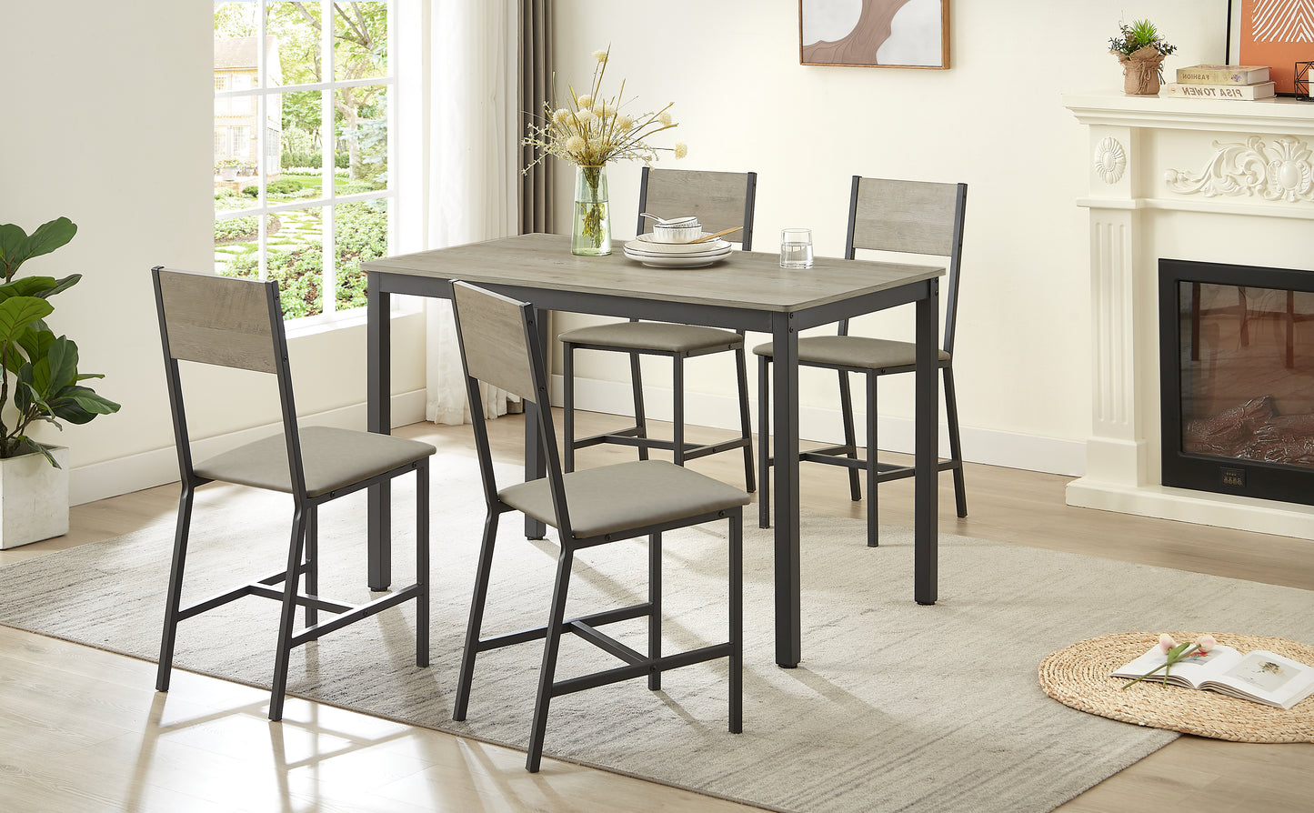 Dining Set for 5 Kitchen Table with 4 Upholstered Chairs Grey 47.2'' L x 27.6'' W x 29.7'' H