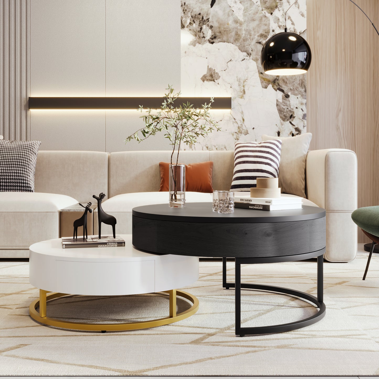 Modern Round Lift-Top Nesting Coffee Tables with 2 Drawers, White and Black Finish