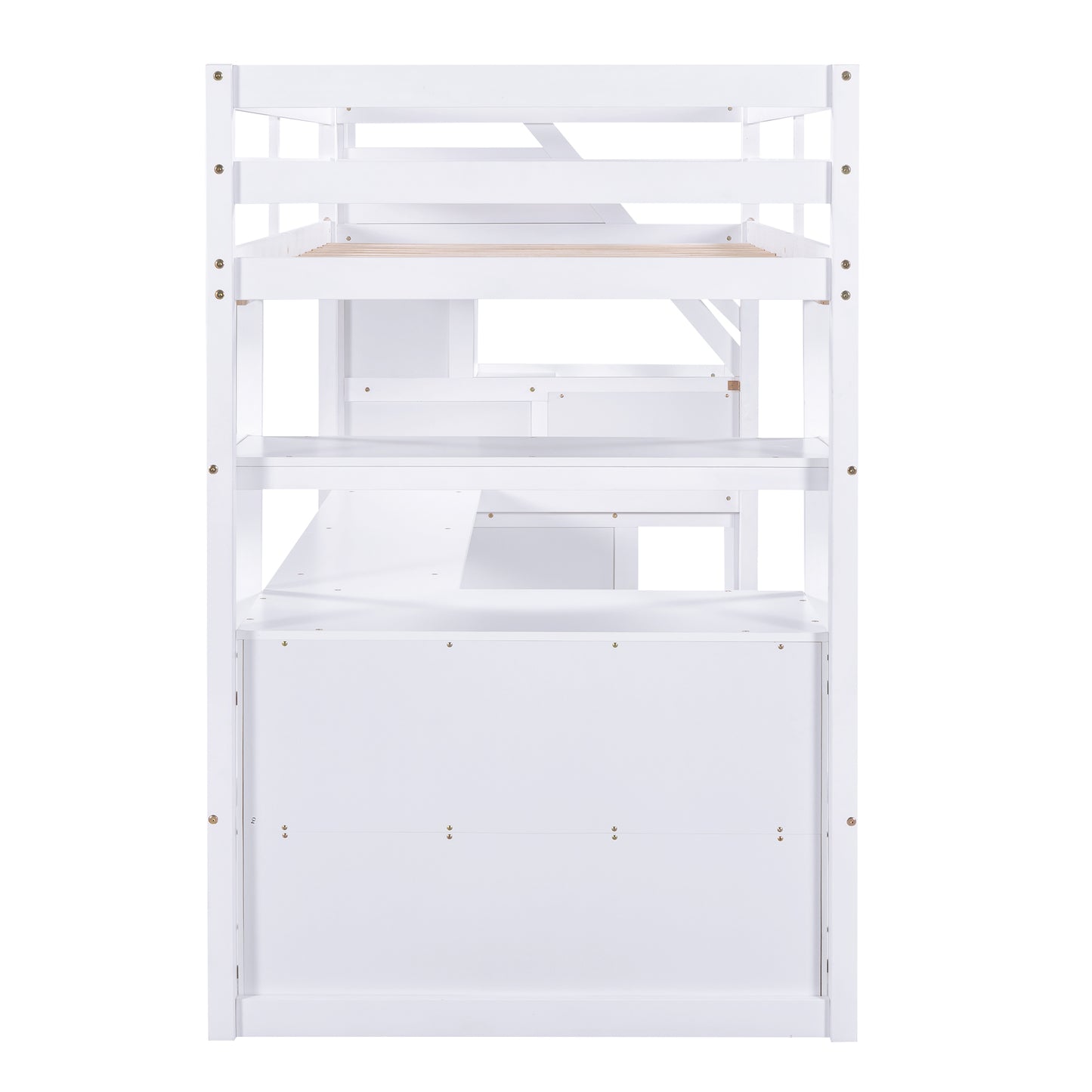 Twin Size Loft Bed with Desk and Shelves  Two Built-in Drawers  Storage Staircase White