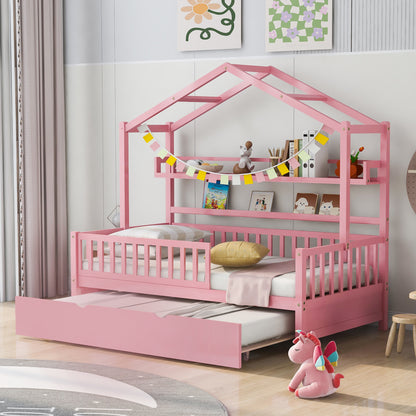 Wooden Twin Size House Bed with Trundle Kids Bed with Shelf Pink