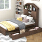 Twin Size Wood Platform Bed with House-shaped Storage Headboard and 2 Drawers Walnut