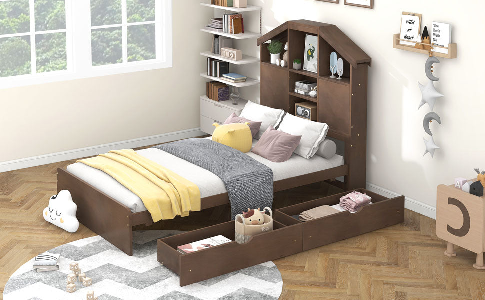 Twin Size Wood Platform Bed with House-shaped Storage Headboard and 2 Drawers Walnut