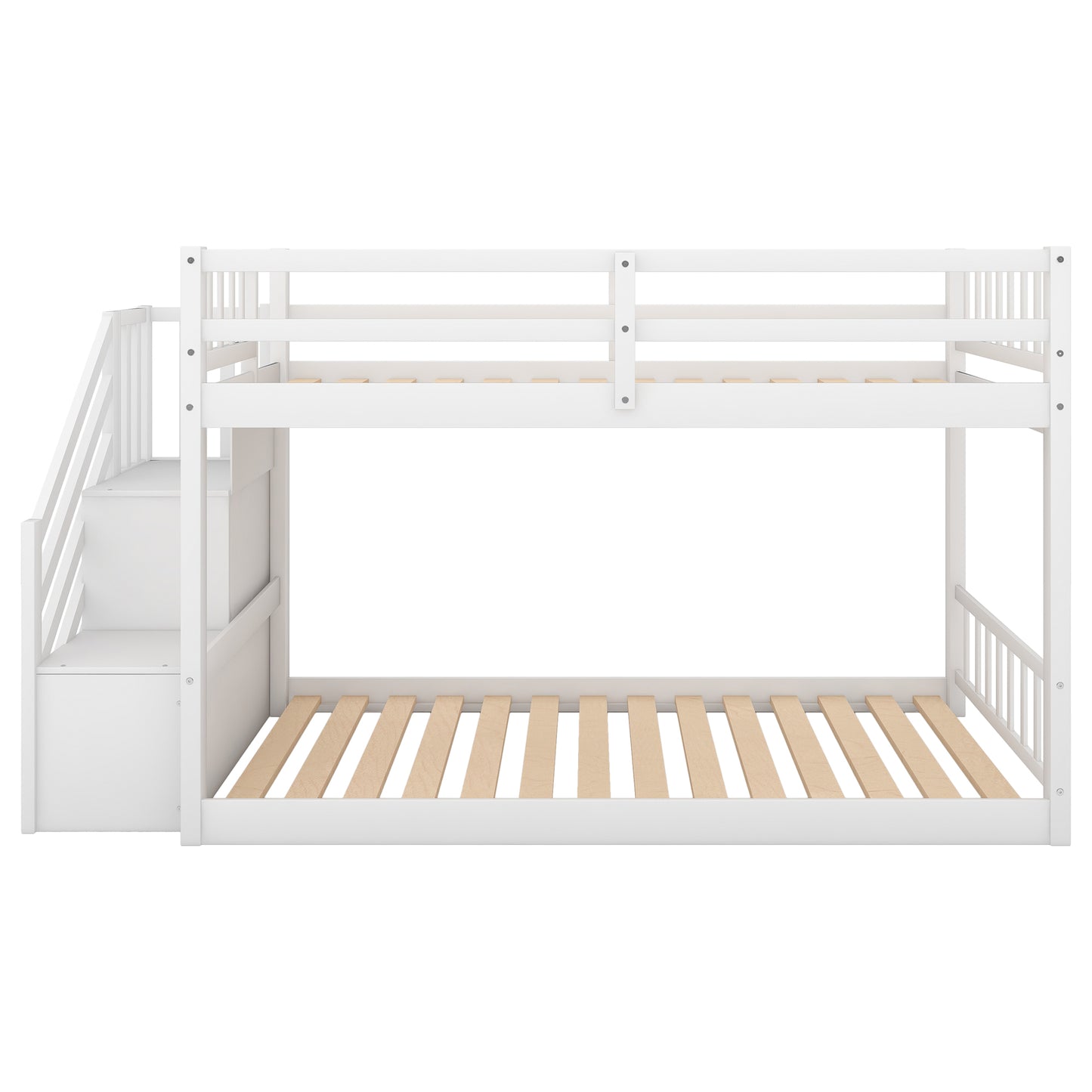 Twin over Twin Floor Bunk Bed, Ladder with Storage  White