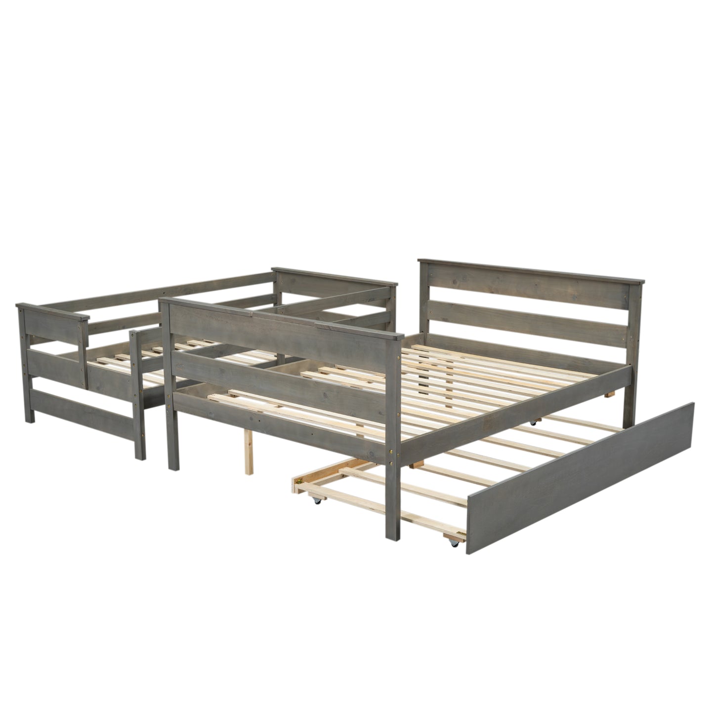 Wood Twin over Full Bunk Bed with Twin Size Trundle  Gray