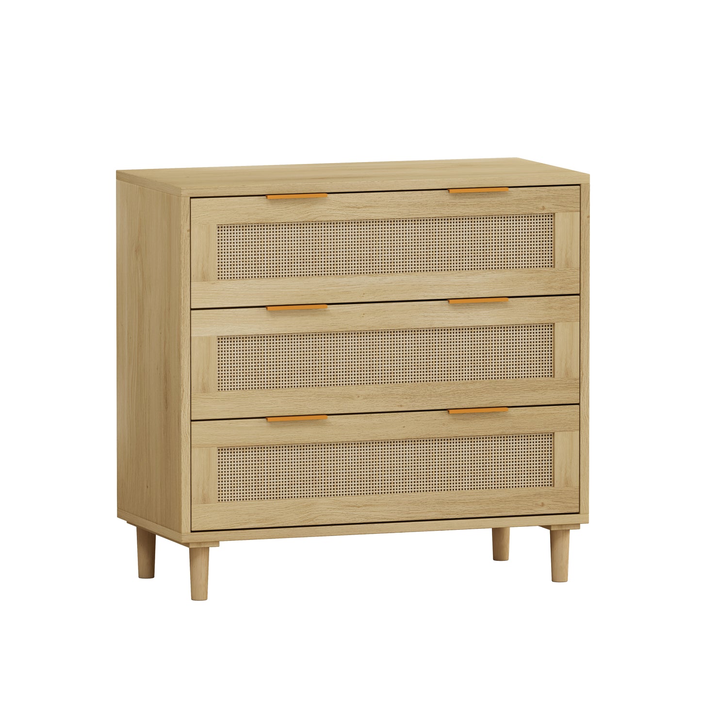 3-Drawer Rattan Storage Cabinet Set of 2, Oak Finish for Bedrooms, Living Rooms, and Hallways