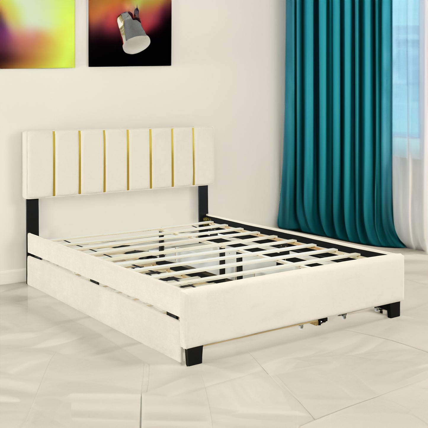 Queen Size Upholstered Platform Bed with 2 Drawers and 1 Trundle, Classic Metal Strip Headboard Design, Beige