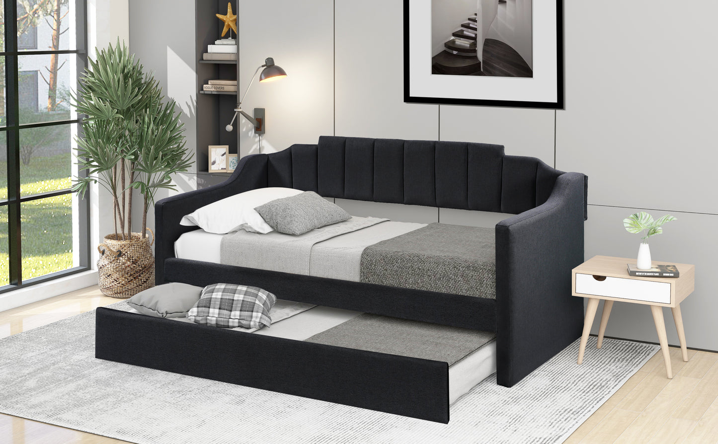 Upholstered Twin Daybed with Trundle, Black Finish for Bedrooms and Guest Rooms