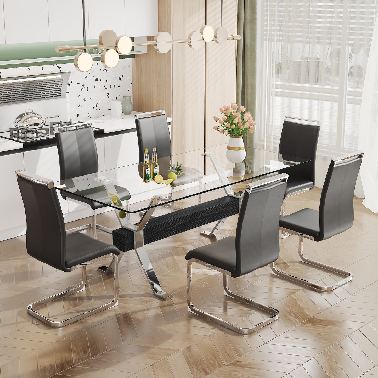 Modern Tempered Glass Dining Table, Large Office Desk with Silver Plated Metal Legs and MDF Crossbars