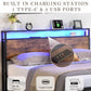 Large bed frame with storage headboard and 2 drawers, LED light bed, charging station, metal platform bed